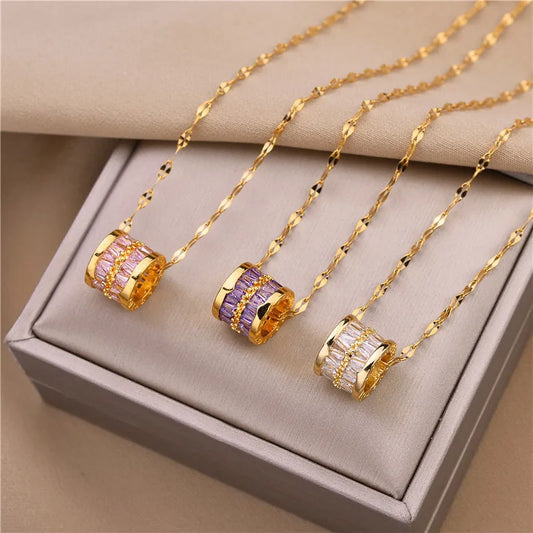 3 Color Lucky Beads Pendant Necklace – Stainless Steel & Sparkly Zircon Jewelry for Women