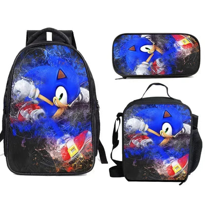 3 Piece Cartoon School Bag Set - Sonic Lunch Bag, Pencil Case, and Backpack for Primary and Middle School Students