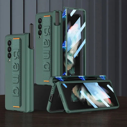 Magnetic Hinge Wrist Strap Case with Pen Slot & Screen Glass for Samsung Galaxy Z Fold 6/5/4/3 – Hard Protective Cover