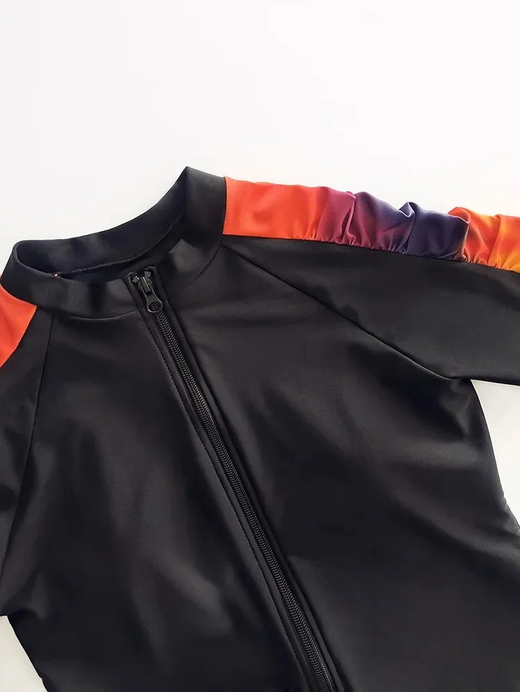 Women’s Muslim Burkini Swimsuit – Long Sleeve Zipper UV Sun Protection Modest Swimwear Gradient Sunset Red Orange Purple Beachwear