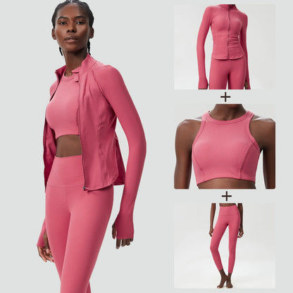 3PCS Women’s Fitness Yoga Set – Solid Color Ribbed Long Sleeve Top & High Waist Leggings, Breathable Workout Sportswear
