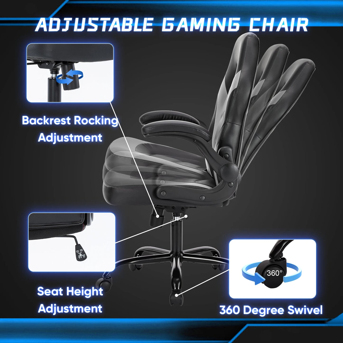 Ergonomic Office Gaming Desk Chair – Adjustable PU Leather Racing Chair with Flip-Up Armrests, Christmas Furniture