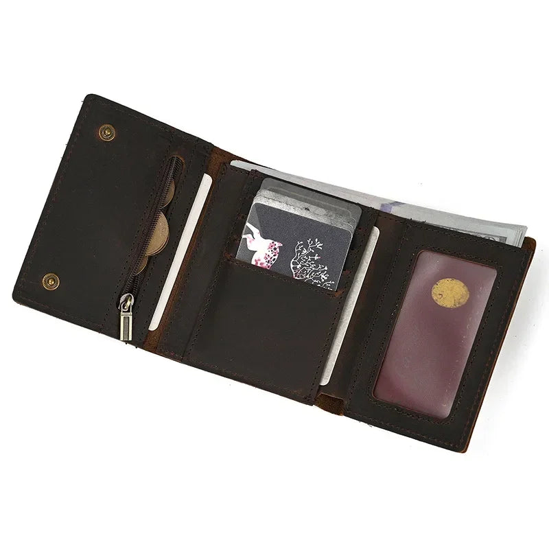 Men’s Genuine Leather Short Wallet with Chain – Trifold Zipper Clutch, Card Holder & Coin Purse