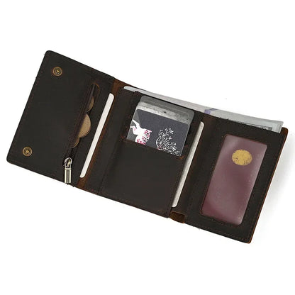 Men’s Genuine Leather Short Wallet with Chain – Trifold Zipper Clutch, Card Holder & Coin Purse