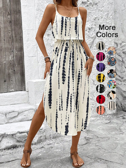 Women’s Summer Spaghetti Strap Dress - Sleeveless Flowy Casual Maxi Dress with Belt & Side Slit