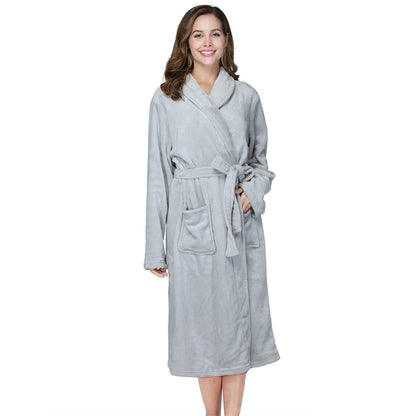 RONGTAI Women's Solid Color Lapel Bathrobe - Warm, Comfortable Long-Sleeved Robe for Autumn and Winter Homewear