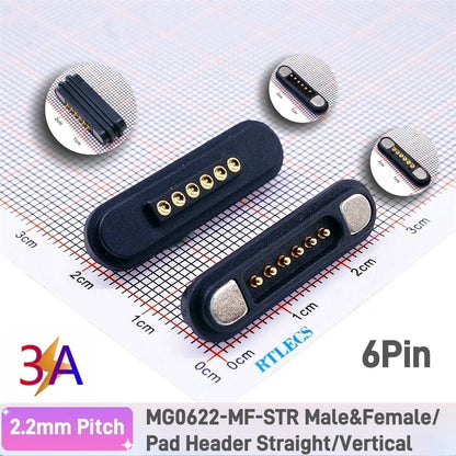 3A Magnetic Pogo Pin Connector - 2–11 Pin Spring-Loaded Male/Female Contact Strip, 2.2mm Pitch