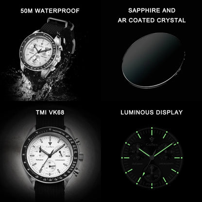 CADISEN Men's Luxury Watch – Quartz VK68 Chronograph, Sapphire AR Crystal, Canvas Strap Speed Style Wristwatch