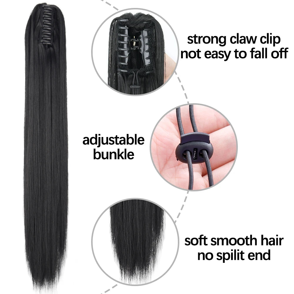 Long Straight Synthetic Claw Clip-On Ponytail Hair Extensions: 24-Inch Heat Resistant Pony Tail Hairpiece - for Daily Party Wear, Women