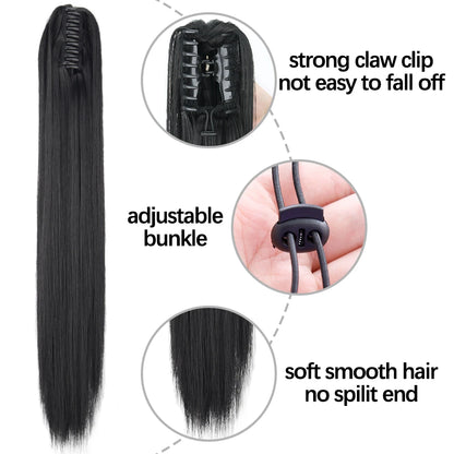 Long Straight Synthetic Claw Clip-On Ponytail Hair Extensions: 24-Inch Heat Resistant Pony Tail Hairpiece - for Daily Party Wear, Women