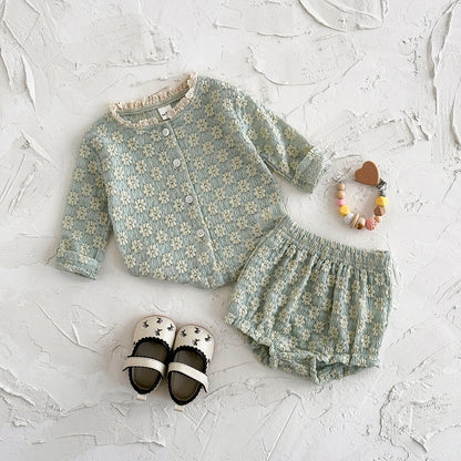 Summer European Style Baby Onesie Set – Floral Embroidery Long Sleeve Top & Shorts, Breathable 2-Piece Outfit
