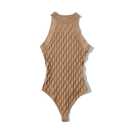 LUNDUNSHIJIA 2022 Spring Women’s Sleeveless Knitted Bodysuit – 3D Hollow Out Jumpsuit Top, 5 Fashion Colors