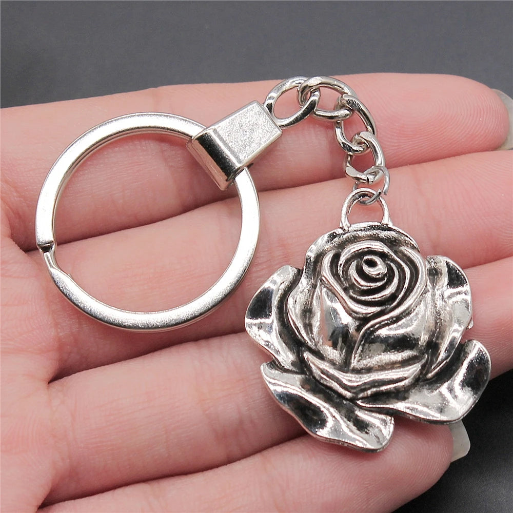 New Fashion Men 30mm Metal Alloy Keychain with Vintage Heart, Flower, Rose, Sunflower & Tree Pendant DIY Keyring Holder Chain Accessory