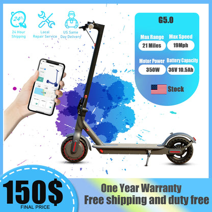 G5.0 Electric Scooter 36V — 10.5Ah Battery, 21-Mile Range, 19MPH, 350W Motor, 8.5-Inch Tires, Foldable E-Scooter