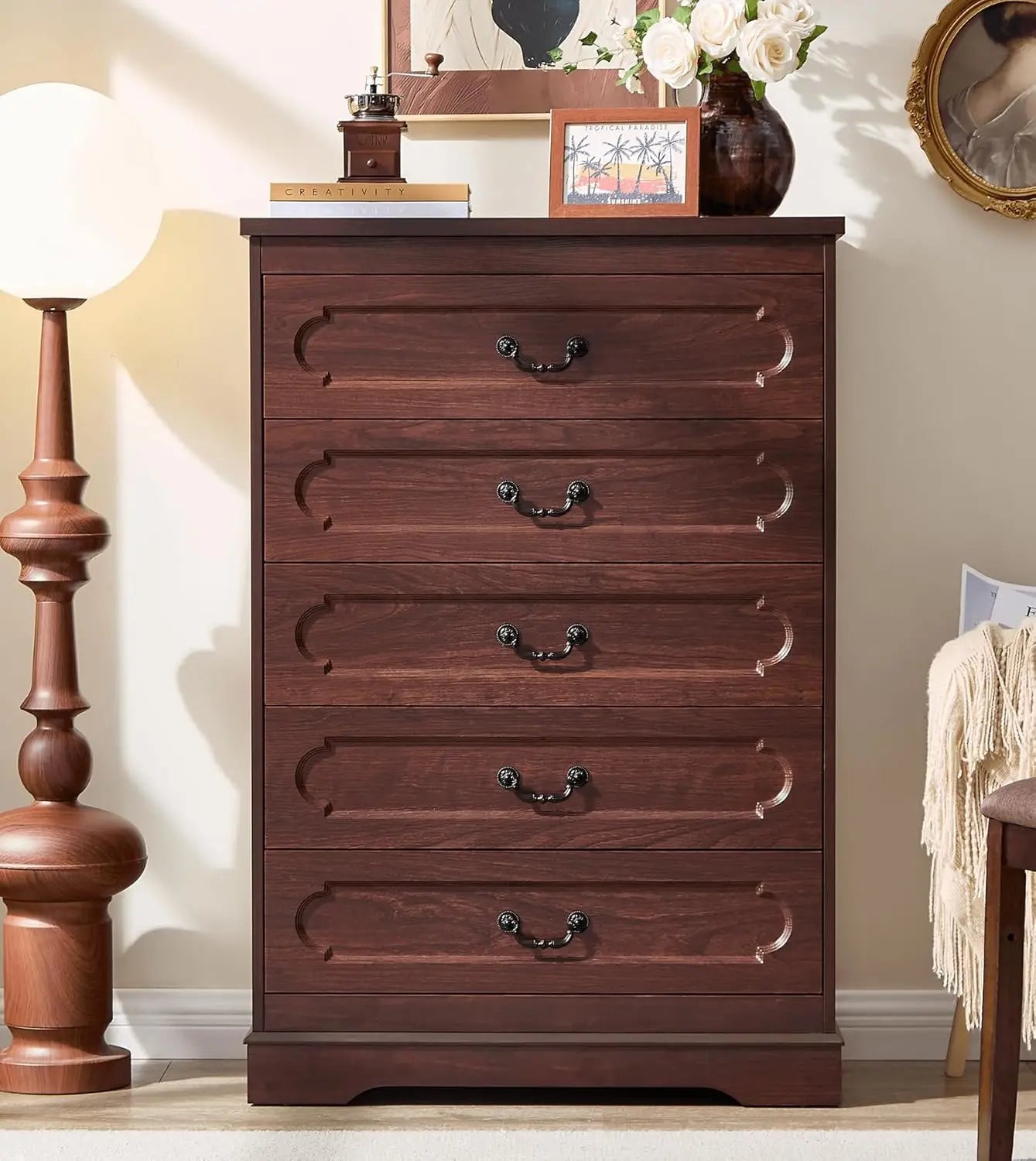 5-Drawer Farmhouse Dresser – Cherry Wood Chest of Drawers for Bedroom, Rustic Wide Storage Solution