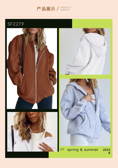 Women’s Gray Zip-Up Hoodie Sweatshirt – Autumn Winter Long Sleeve Jacket with Pockets