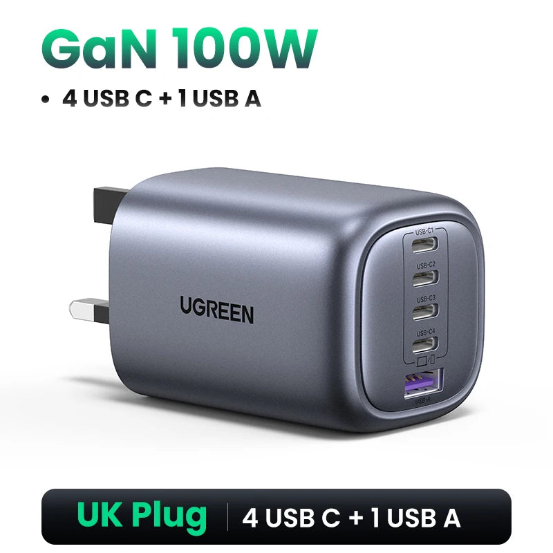 UGREEN 100W GaN 5-Port USB-C Charger – Fast Charger QC4.0/3.0 PPS for MacBook, Laptop, iPhone 16/15/14 Pro, Tablet
