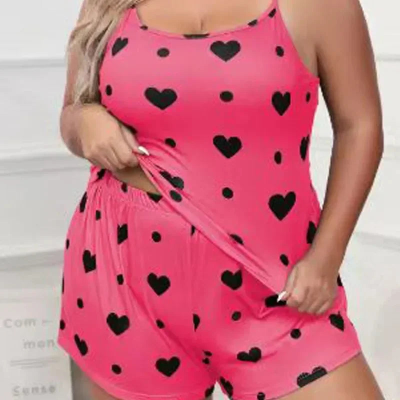 Plus Size Heart Print Pajama Set – Women’s Sleeveless Crop Top & Elastic Waist Shorts Nightwear