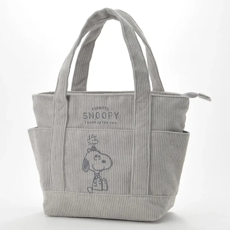 MINISO Disney Snoopy Corduroy Tote Bag - Casual Large Capacity Handbag with Zipper, Ideal for Students
