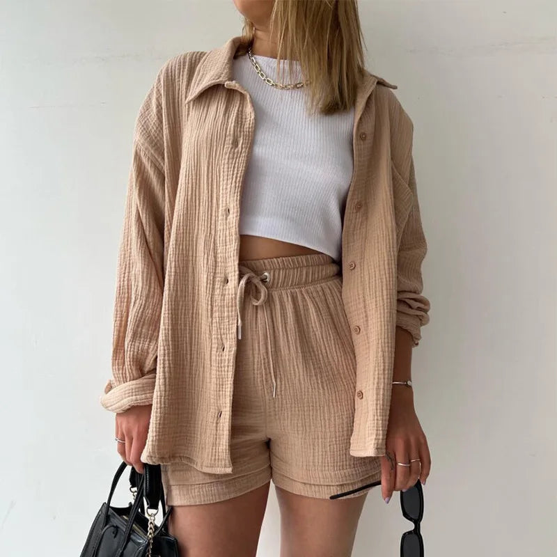 2025 Women’s Summer Two-Piece Set – Solid Color Casual Loose Short Pants & Top Outfit