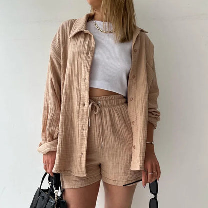 2025 Women’s Summer Two-Piece Set – Solid Color Casual Loose Short Pants & Top Outfit