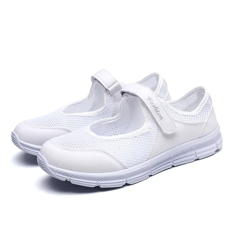 Women’s Breathable Mesh Vulcanized Sneakers – White Casual Walking Shoes, Fashion Work Shoes for Comfort & Everyday Wear