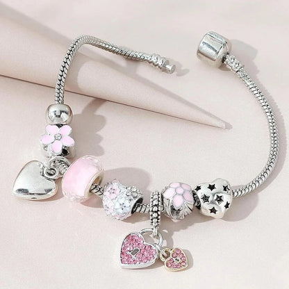 Obega Love Heart Flower Glass Pendant Bracelet – Classic Pink & White Crystal Stone, Adjustable Bead, Silver/Gold Color