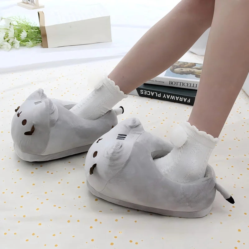 Pusheen Cat Plush Slippers - Cute Chubby Cat Indoor House Shoes, Warm Cozy Footwear for Halloween, Christmas, and Cosplay Gifts