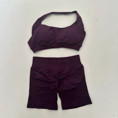 2PCS Seamless Yoga Workout Set – Scrunch Shorts & Halter Sports Bra Gym Fitness Outfit