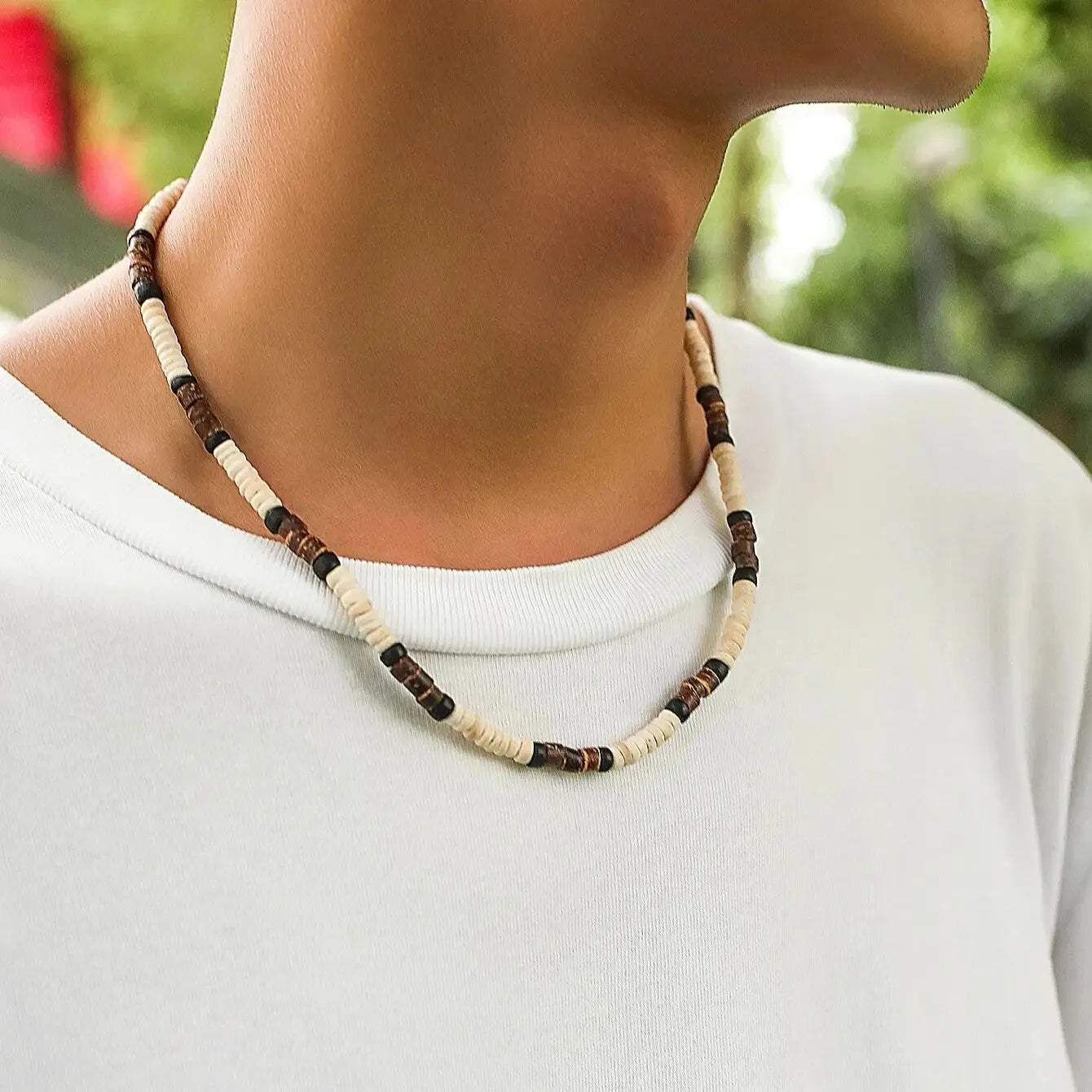 Men’s Summer Beach Wooden Bead Necklace – Handmade Tribal Surfer Jewelry with Geometric Steampunk Design