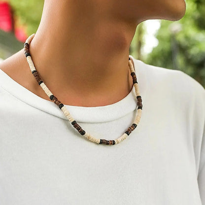 Men’s Summer Beach Wooden Bead Necklace – Handmade Tribal Surfer Jewelry with Geometric Steampunk Design