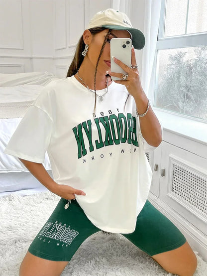 Comfy & Stylish: Women's Casual Loose T-Shirt and Tight Shorts Pajama Set - Slim Outside Homewear, Comfortable and Breathable