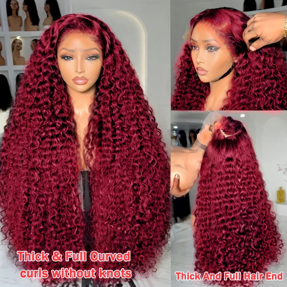 Deep Wave 99J Burgundy Lace Front Wig – 13x6 Lace Frontal Human Hair Wig, 13x4 Transparent Brazilian Colored Water Wave Wig