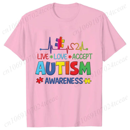 Women’s Live Love Accept Autism Awareness T-Shirt – Graphic Y2K Summer Top for Autism Awareness Month