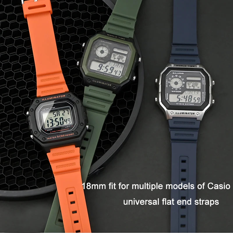 18mm Rubber Watch Strap for Casio G-Shock AQ-S810W, AE-1200, W-216H, W-735H, SGW-400 & MRW-200H - Universal Resin Replacement Watchband