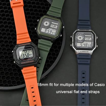 18mm Rubber Watch Strap for Casio G-Shock AQ-S810W, AE-1200, W-216H, W-735H, SGW-400 & MRW-200H - Universal Resin Replacement Watchband