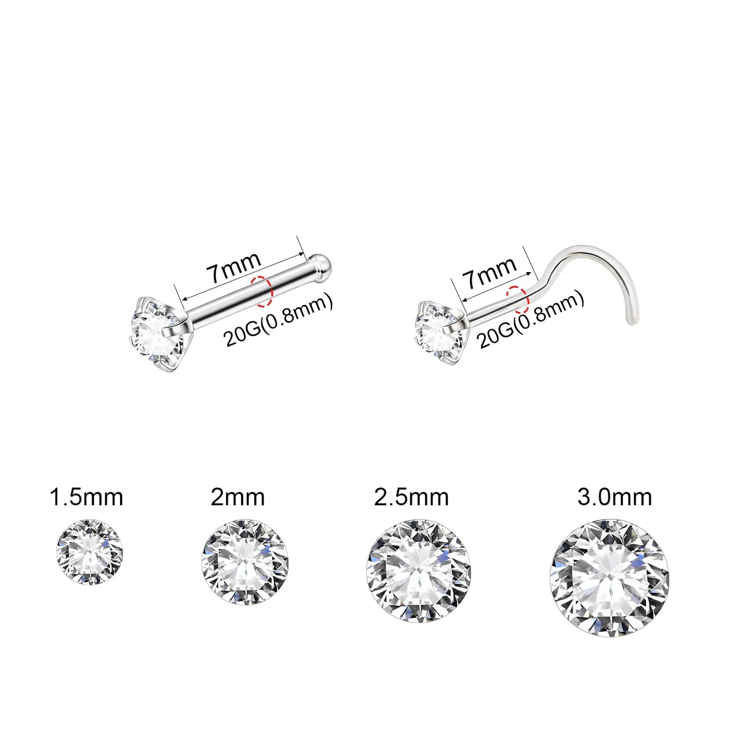 5PCS Stainless Steel Nose Ring Studs — Crystal Nostril Piercing Jewelry for Women & Girls, 1.5/2.0/2.5/3.0mm, 20G