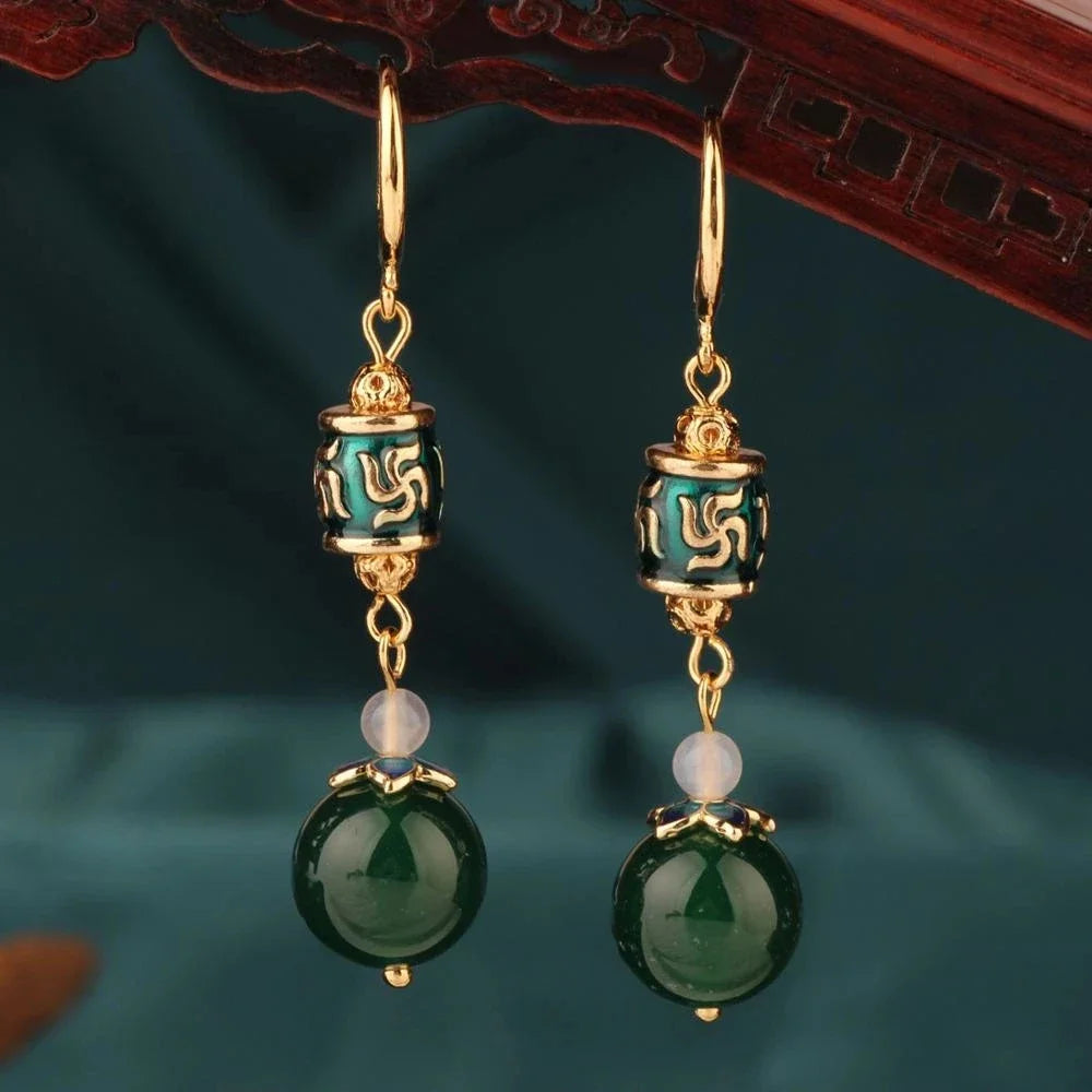 Vintage Flower Drop Earrings - Natural Stone Ethnic Jewelry for Women