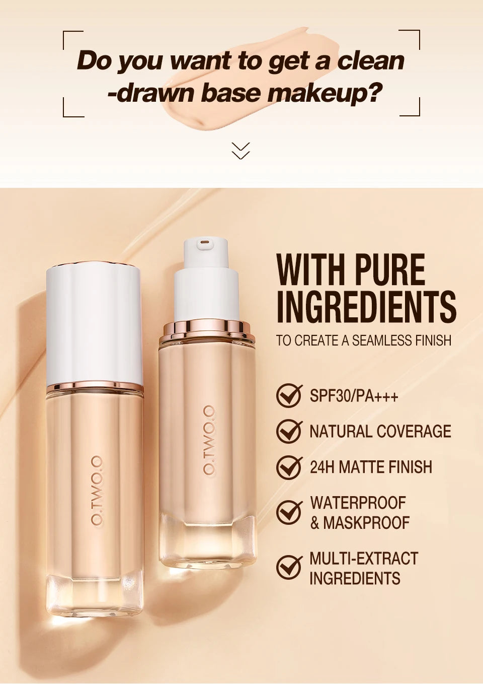 O.TWO.O Liquid Foundation Cream – 30ml High Coverage Makeup Base, SPF30 Waterproof Concealer Foundation for Face
