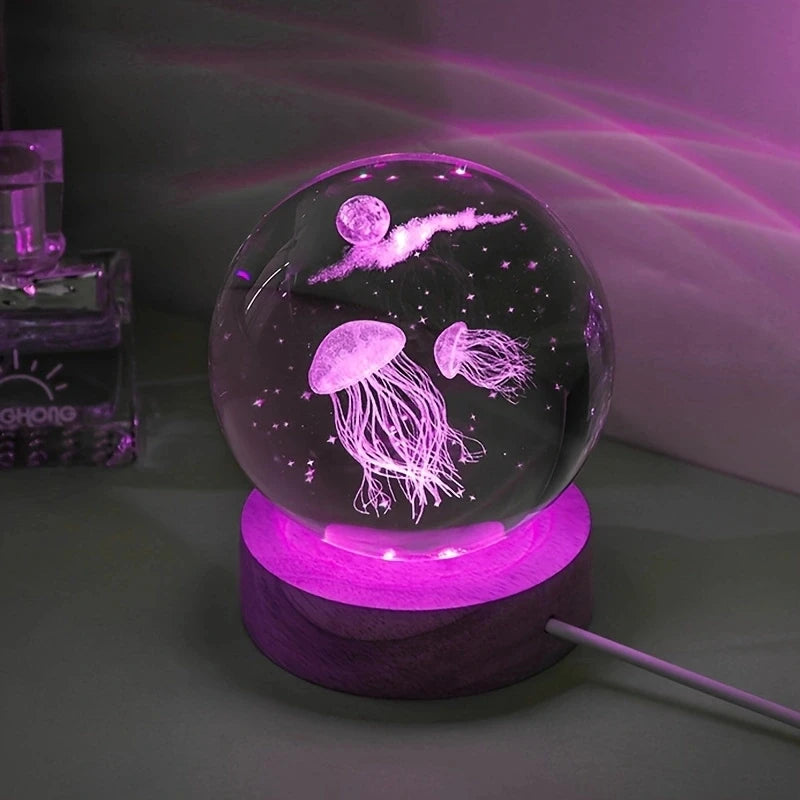 3D Laser Engraved Jellyfish Crystal Ball LED Night Light - Unique Birthday, Christmas & Gift Decor