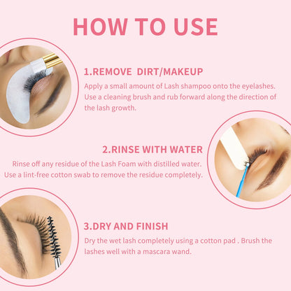 100ML Eyelash Lash Shampoo with Brush & Mascara Wand – Foaming Eyelid Cleanser for Extensions & Makeup Removal