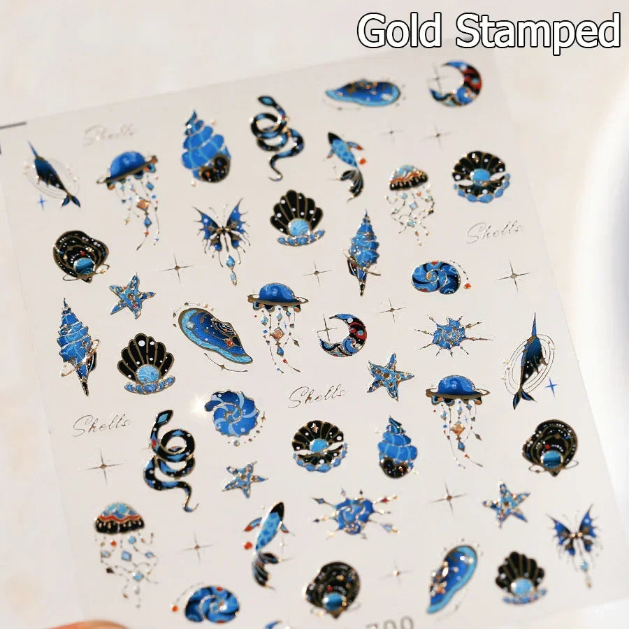 5D Gold Stamped Nail Art Stickers - Silver Sun Stars Snake Chinese Style Self-Adhesive Manicure Decals