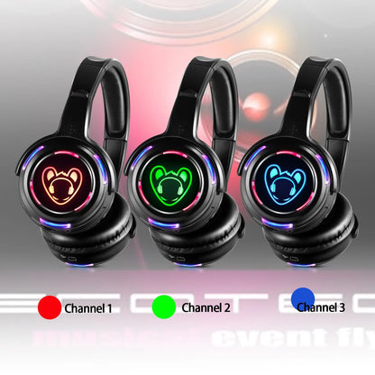 Silent Disco Wireless Headphones Bundle with RF LED Transmitter – 500M Range for DJ, iPod, MP3, Party, Club