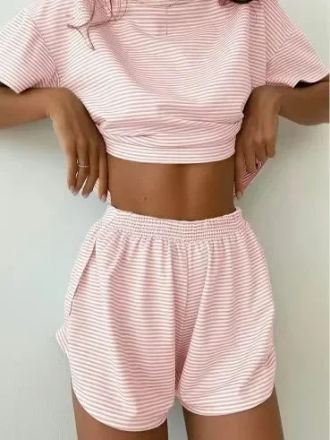 Women's Stripe 2-Piece Pajamas Set – Short Sleeve Top & Shorts Casual Sleepwear
