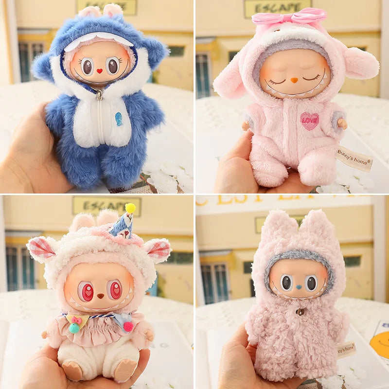 17cm Labubu Mini Plush Doll Outfit – Cute Blue Shark & Snowman Jumpsuit Accessories for V1/V2 Dolls, Gift for Kids