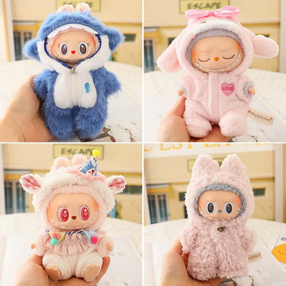 17cm Labubu Mini Plush Doll Outfit – Cute Blue Shark & Snowman Jumpsuit Accessories for V1/V2 Dolls, Gift for Kids