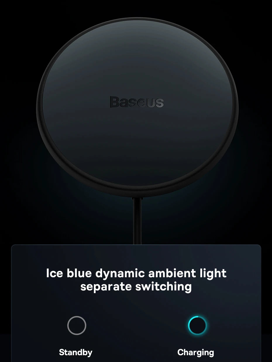 Baseus 15W Magnetic Wireless Car Charger – Fast Charging Phone Holder with Light Effect for iPhone 15/14/13 Pro Max