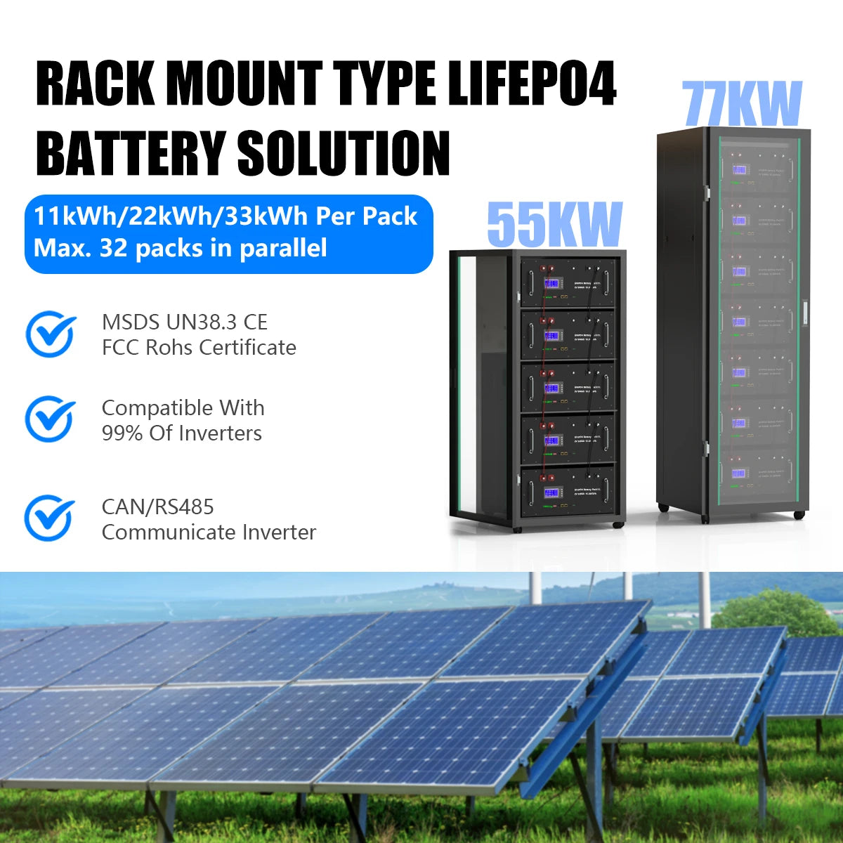 LiFePO4 48V 100Ah/200Ah Lithium Solar Battery Pack – 51.2V 10kW, 6000 Cycles, 16S 200A BMS, Max 32 Parallel for Inverter