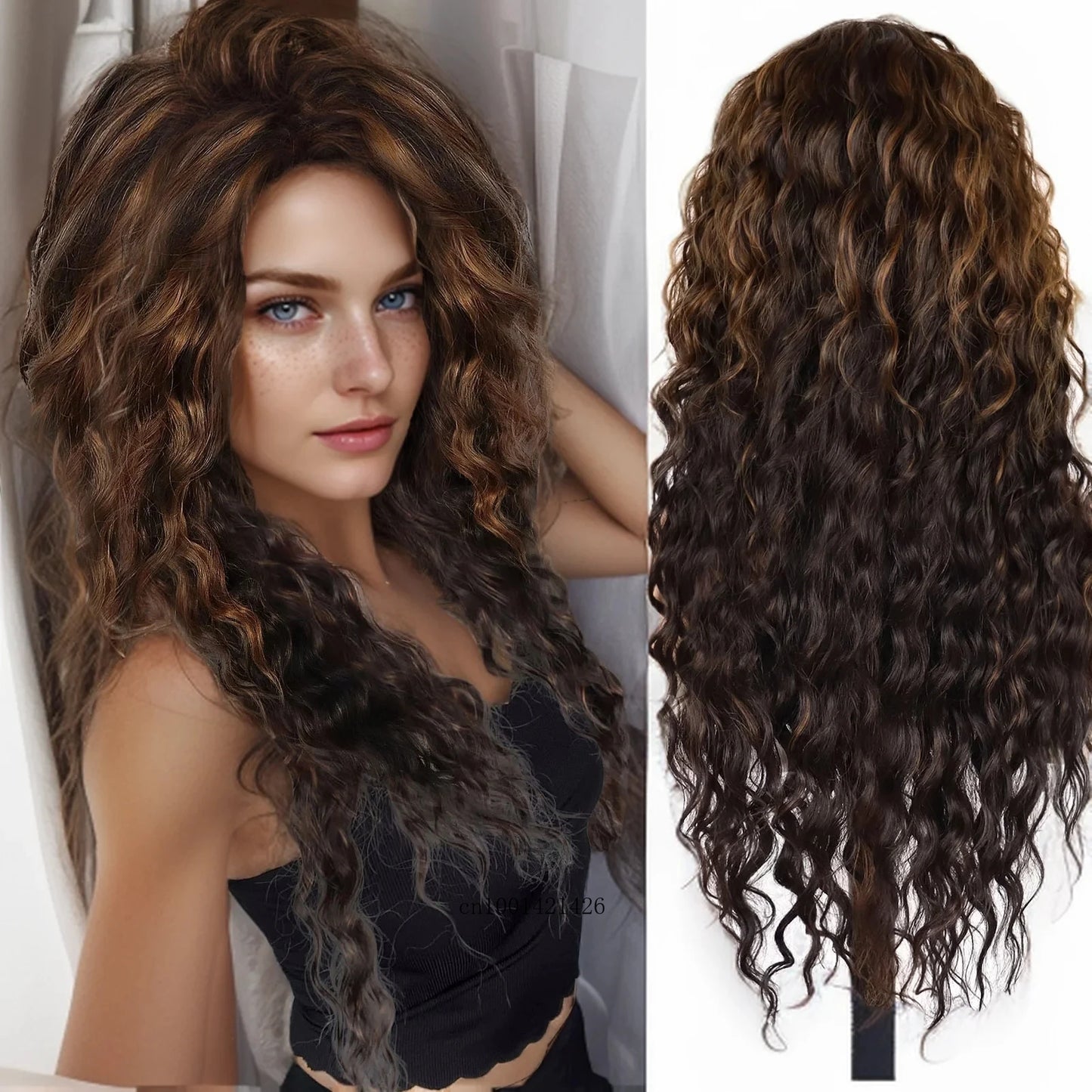 Ash Blonde Synthetic Wig – 26" Long Curly Ombre Hair, Fluffy Wave Wig for Women, Costume & Party Wig
