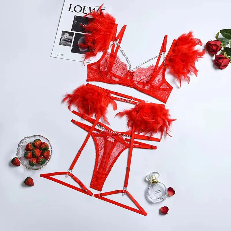 Sexy Lace G-String Lingerie Set - Feather Detail Trikini with Metal Chain and Garter Belt